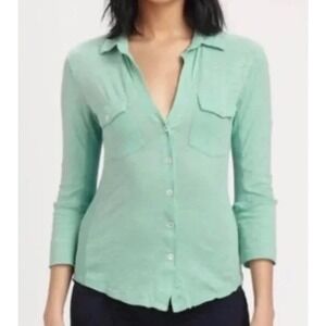 James Perse Women's Ribbed Panel Sheer Slub Roll Cuff Teal Aqua Shirt Sz 3 (L)